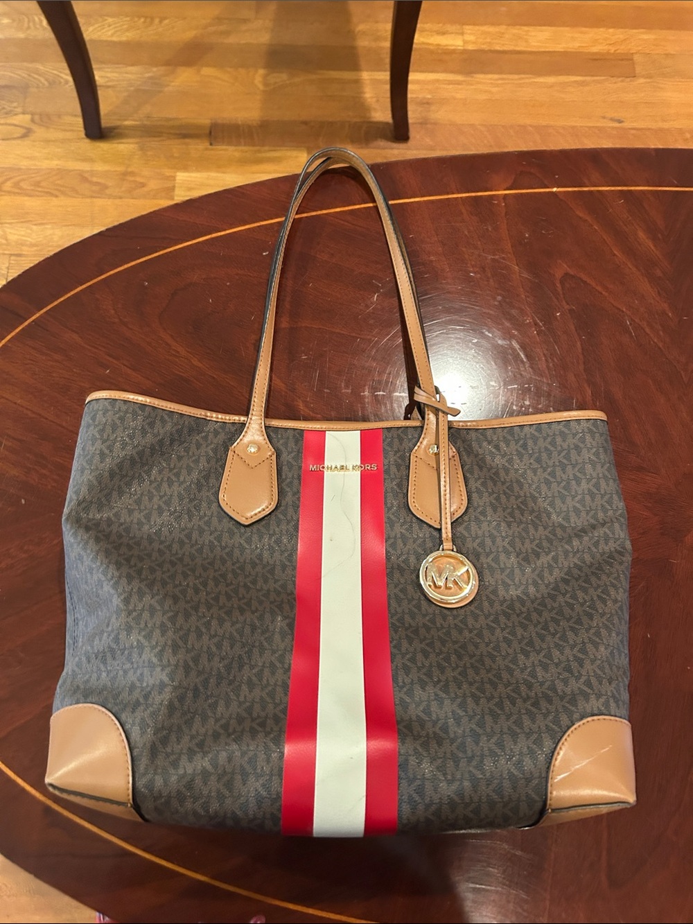 Michael Kors Brown Signature Tote with Red & White Center Stripe